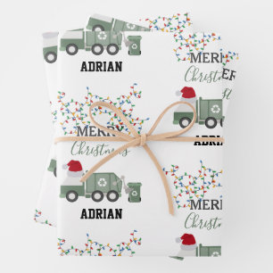 Christmas Recycling Garbage Truck Custom Name  Wrapping Paper Sheet