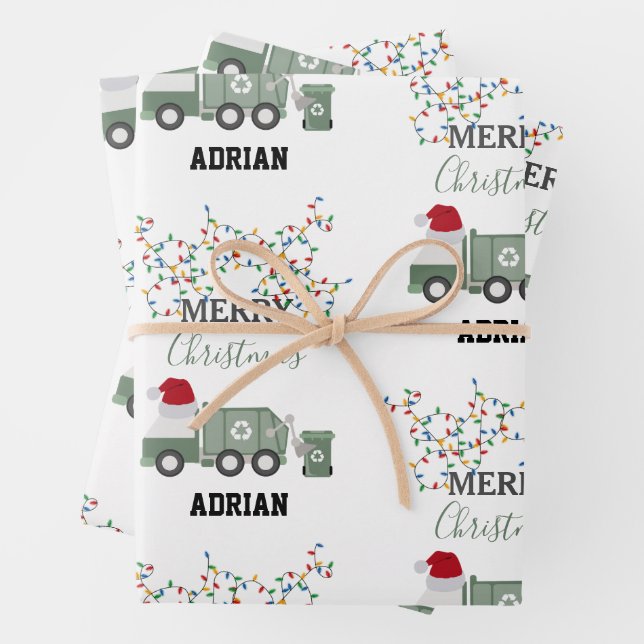 Christmas Recycling Garbage Truck Custom Name  Wrapping Paper Sheet (In situ)