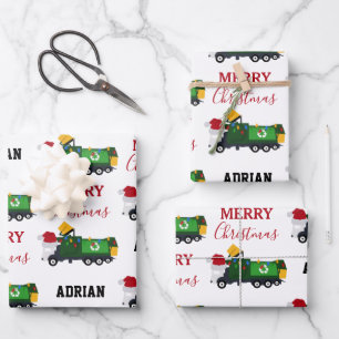 Christmas Recycling Garbage Truck Custom Name  Wrapping Paper Sheet