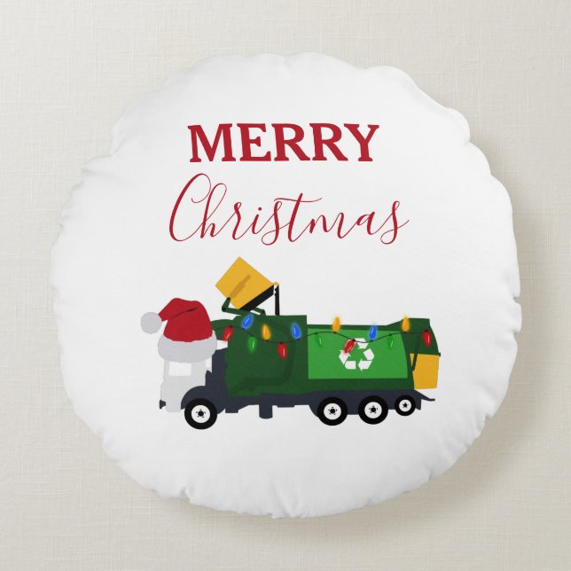 Christmas Recycling Garbage Truck Round Cushion (Front)