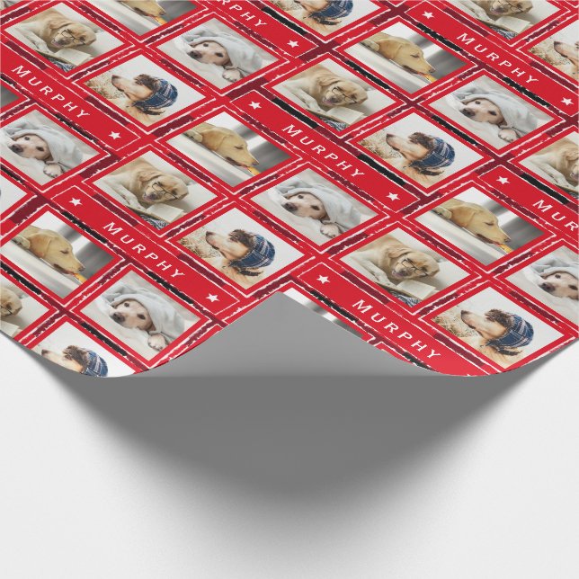 Christmas Red 4 Photo Dog Collage Pet Add Name Wrapping Paper (Corner)