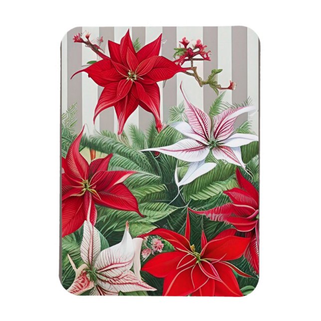 Christmas Red Amaryllis and Poinsettias Magnet (Vertical)