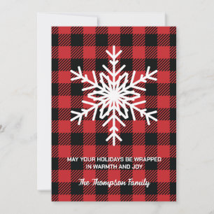 Christmas Red and Black Plaid with Large Snowflake Holiday Card