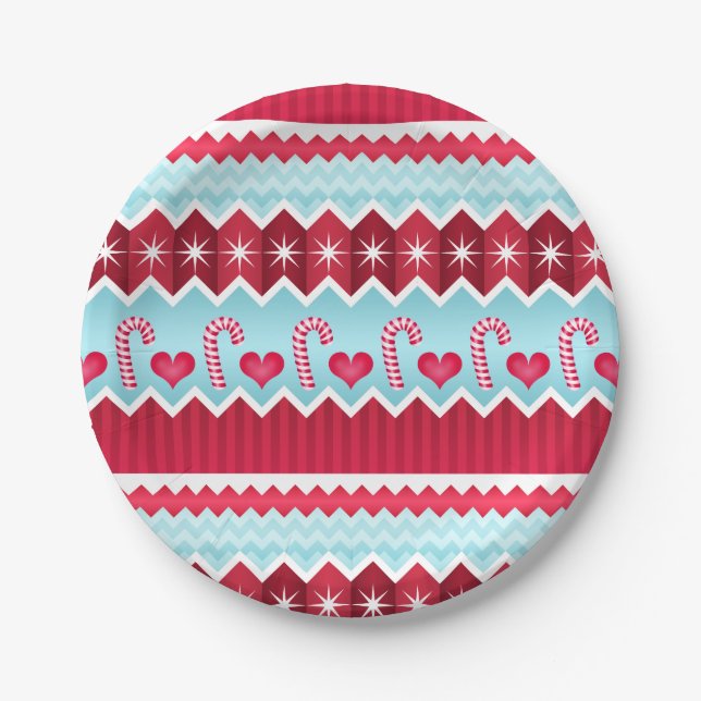 Christmas Red And Blue Chevron Stripes Pattern Paper Plate (Front)