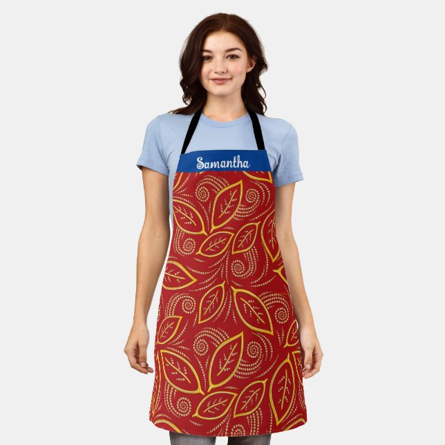 Christmas Red and Gold First Name Leaves Pattern Apron (Worn)