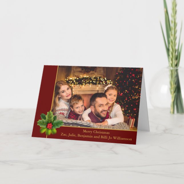 Christmas Red and Gold Frame With Holly Photo Holiday Card (Front)