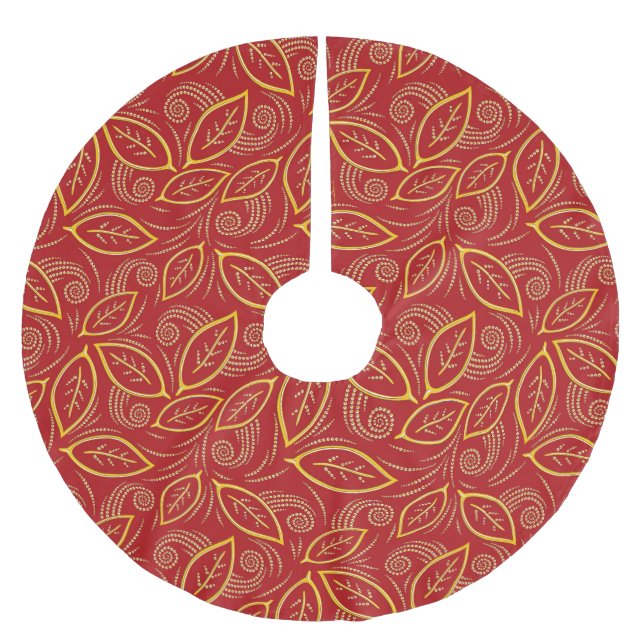 Christmas Red and Gold Illustrated Leaves Pattern Brushed Polyester Tree Skirt (Front)