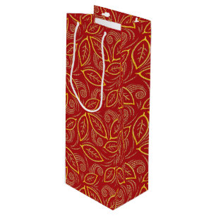 Christmas Red and Gold Illustrated Leaves Pattern Wine Gift Bag