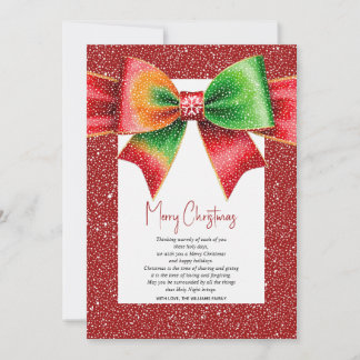 Christmas red and green bow and snowflakes holiday card