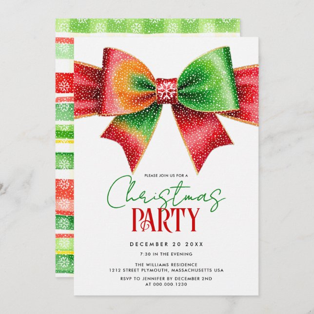 Christmas red and green bow and stripes party invitation (Front/Back)