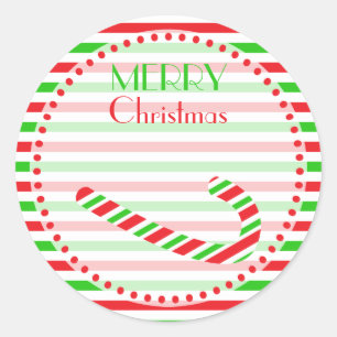Christmas Red and Green Candy Cane and Stripes Classic Round Sticker