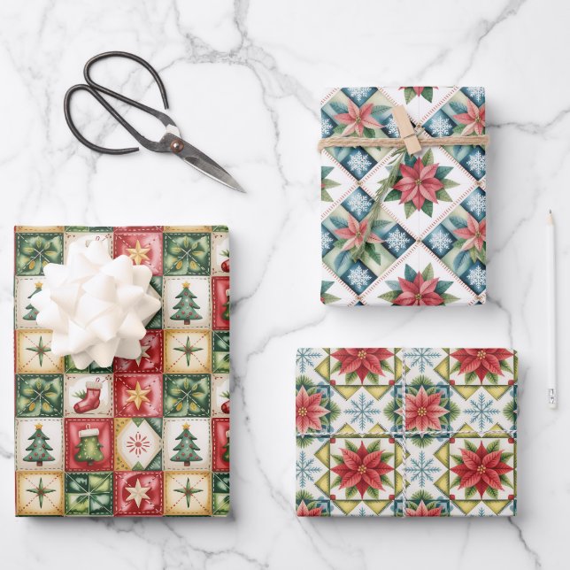 Christmas Red and Green Classic Patchwork Pattern  Wrapping Paper Sheet (Front)
