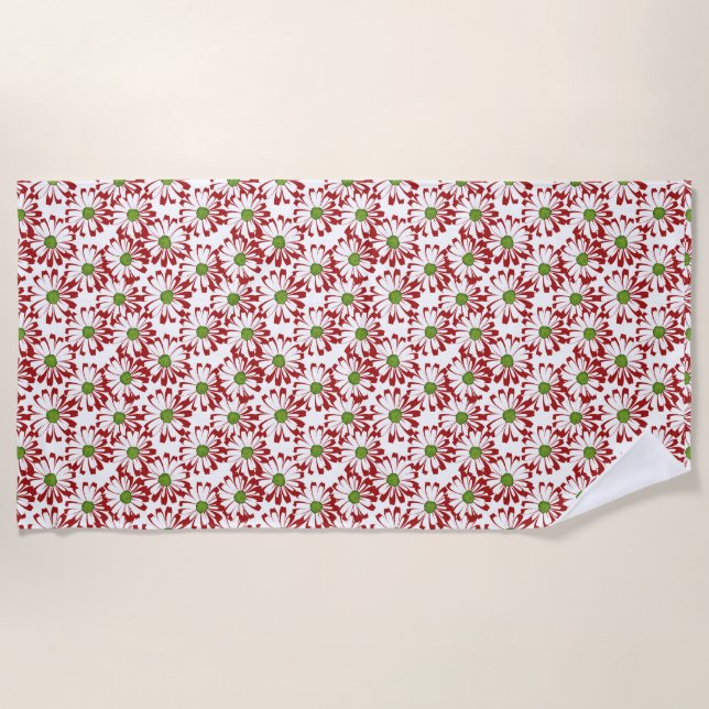 Christmas Red and Green Daisy Floral Pattern Beach Towel (Front)