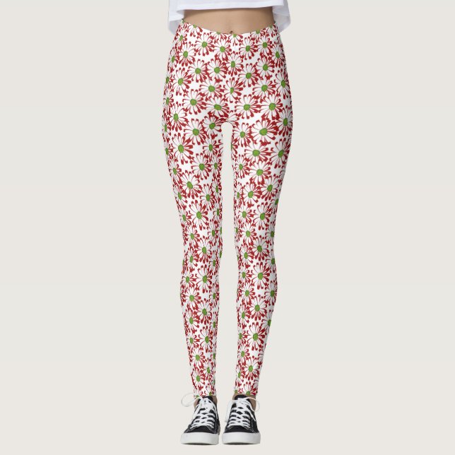 Christmas Red and Green Daisy Floral Pattern Leggings (Front)