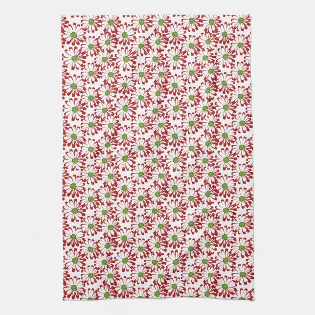 Christmas Red and Green Daisy Floral Pattern Tea Towel (Vertical)