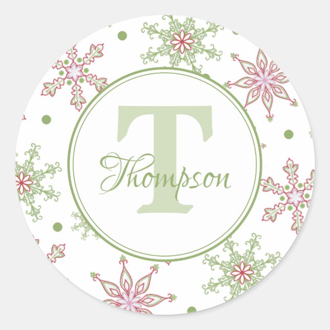 Christmas Red and Green Holiday Snowflake Monogram Classic Round Sticker (Front)