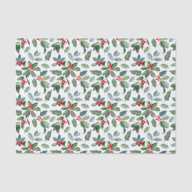  Christmas Red and Green Holly Pattern Tissue Paper (Front)