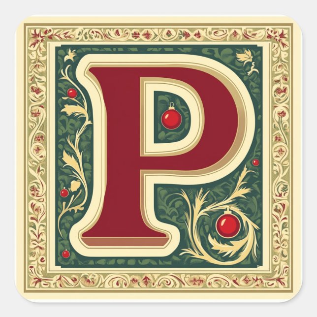 Christmas Red and Green Letter P with Gold Square Sticker (Front)