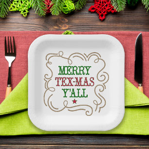 Christmas Red and Green Merry Tex-Mas Y'all Paper Plate