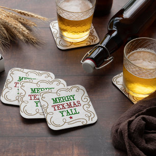 Christmas Red and Green Merry Tex-Mas Y'all Square Paper Coaster