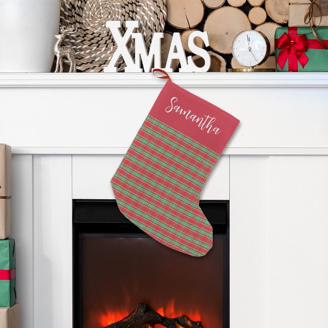 Christmas Red and Green Pattern Personalised Small Christmas Stocking (Christmas holiday red and green plaid pattern calligraphy script stocking)