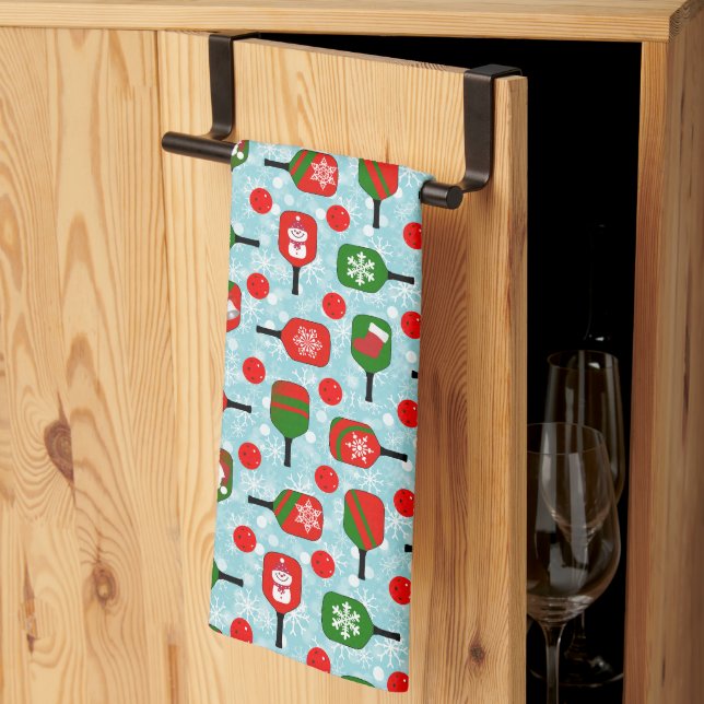 Christmas Red and Green Pickleballs and Paddles Tea Towel (Thirds Fold)