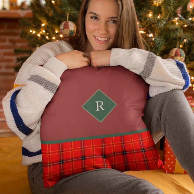 Christmas Red and Green Plaid Tartan Monogrammed Cushion (Creator Uploaded)
