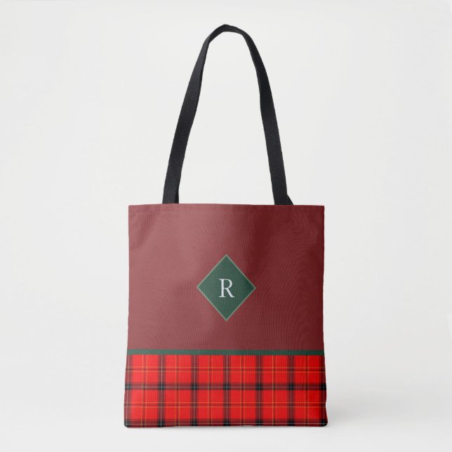 Christmas Red and Green Plaid Tartan Monogrammed Tote Bag (Front)