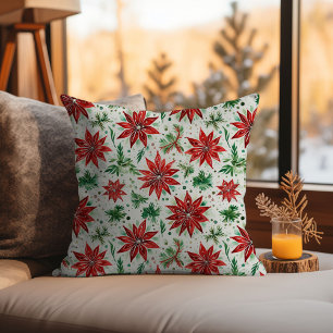 Christmas Red and Green Poinsettia Floral Cushion
