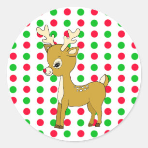 Christmas Red and Green Polka Dots Reindeer Classic Round Sticker