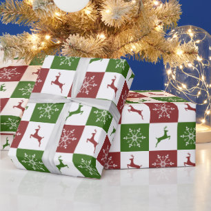 Christmas red and green reindeer snowflake pattern wrapping paper