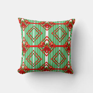 Christmas Red and Green Striped Bow Pillow