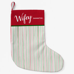 Christmas Red and Green Watercolor Stripes Wifey Small Christmas Stocking