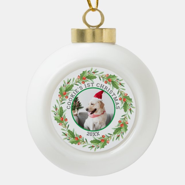 Christmas Red and Green Wreath Pet Photo Ceramic Ball Christmas Ornament (Front)
