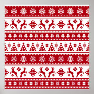 Christmas Red and White Deer and Trees Pattern Poster