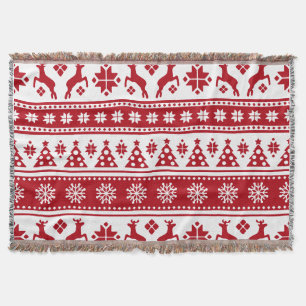 Christmas Red and White Deer and Trees Pattern Throw Blanket
