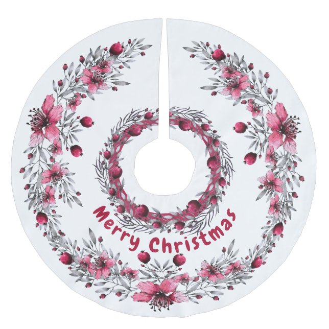 Christmas Red and White Floral Elegant Brushed Polyester Tree Skirt (Front)