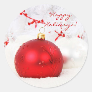 Christmas Red And White Happy Holidays Classic Round Sticker