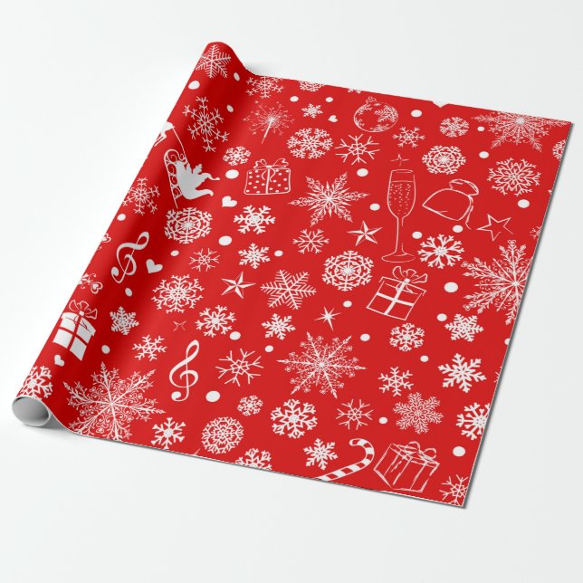 Christmas Red and White Holiday Theme Illustration Wrapping Paper (Unrolled)