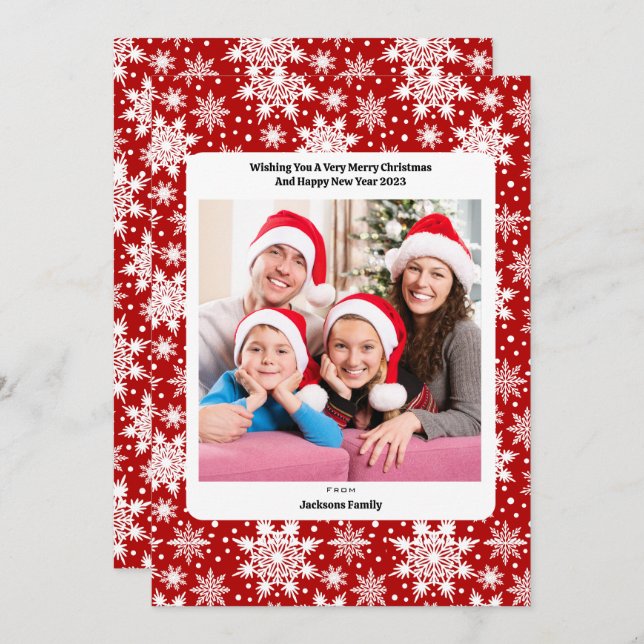 Christmas red and white snowflake pattern photo holiday card (Front/Back)
