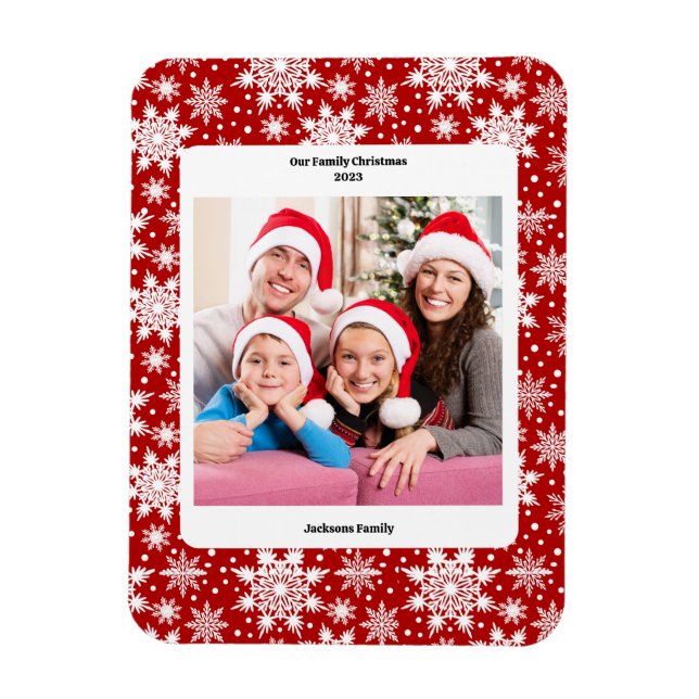 Christmas red and white snowflake pattern photo magnet (Vertical)