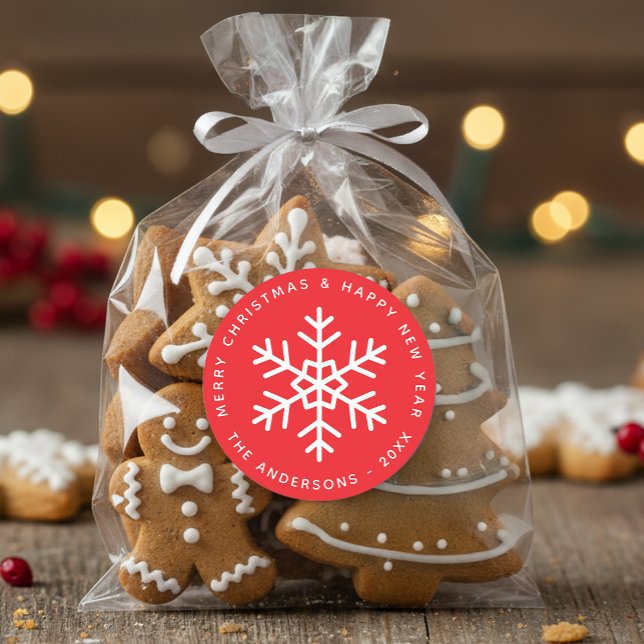 Christmas Red and White Snowflake Winter Holidays Classic Round Sticker (Creator Uploaded)