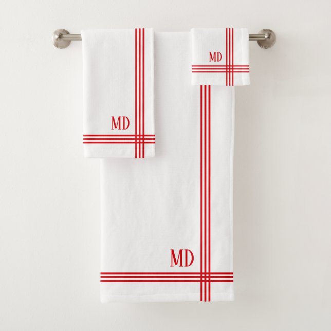  Christmas Red and White Striped Custom Initials Bath Towel Set (Insitu)