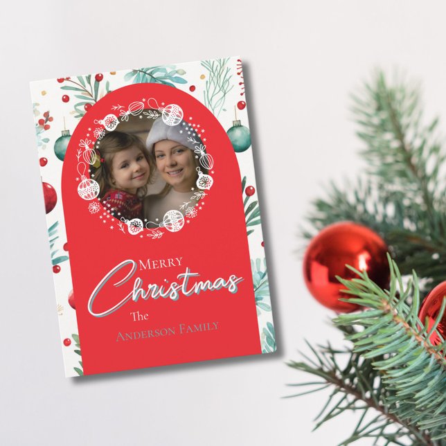 Christmas Red Arch Botanical Green Pine Needles Holiday Card (Creator Uploaded)