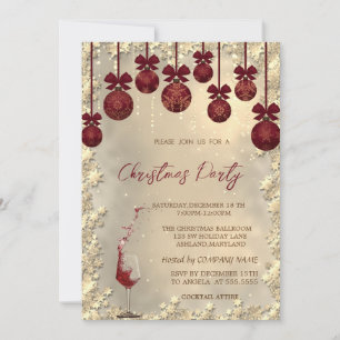 Christmas Red Balls Bow,Wine Glass Company Party Invitation