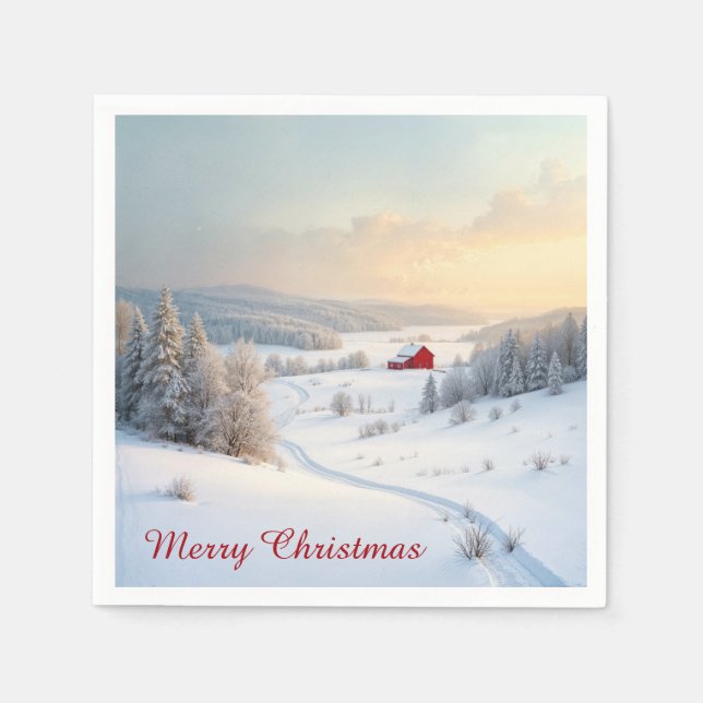 Christmas Red Barn In Snowy Country Napkin (Front)