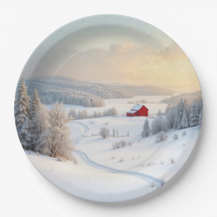 Christmas Red Barn In Snowy Country Paper Plate