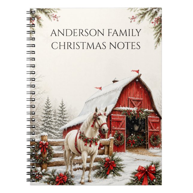 Christmas Red Barn White Horse Notes |  Notebook (Front)