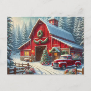 Christmas Red Barn with Vintage Truck Postcard