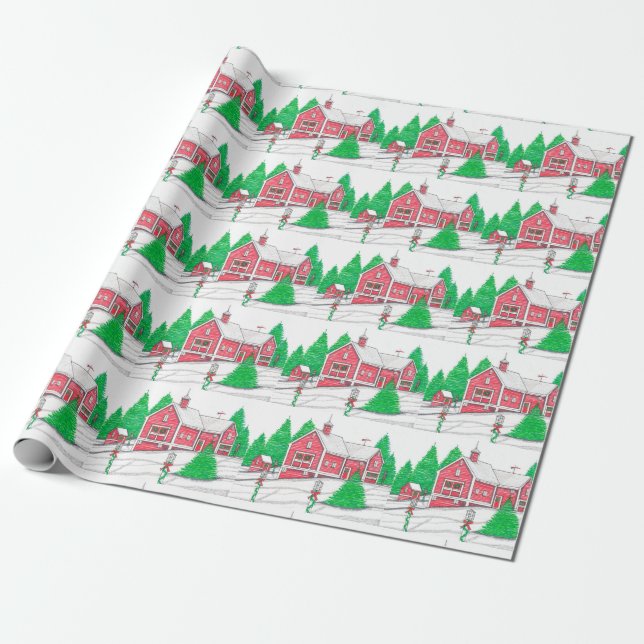 Christmas Red Barn Wrapping Paper (Unrolled)